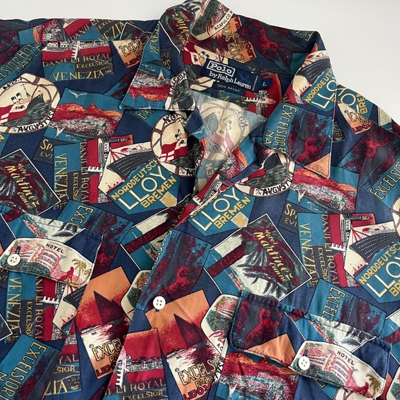 Polo Ralph Lauren Other - Polo Ralph Lauren Mens Postcard AOP Short Sleeve Button Down Large VTG 90s rayon